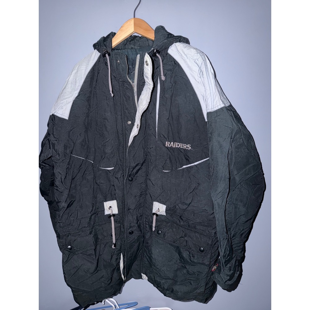 Vintage Mirage‎ Los Angeles Raiders NFL Parka Jacket Black Silver Hooded Large